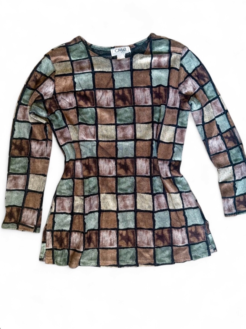 Caviar Square-Print Long Sleeve Top in Brown & Green